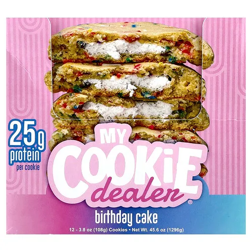 My Cookie Dealer Protein, Galleta proteica, Pastel de cumpleaños, 12 galletas, 108 g (3,8 oz) cada una