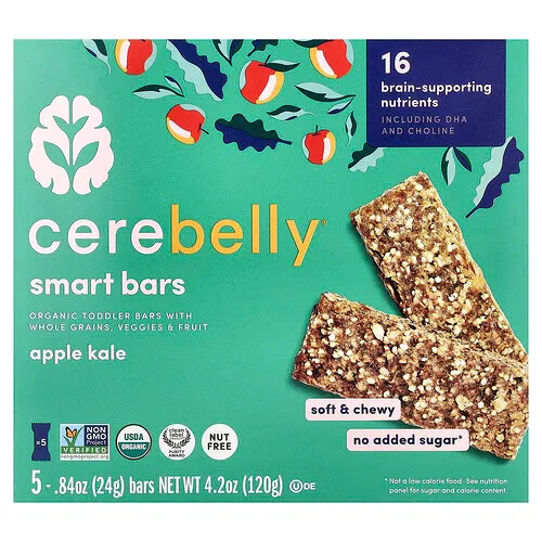 Cerebelly, Barritas inteligentes, Barritas orgánicas para niños pequeños, Col rizada de manzana`` 5 barritas, 24 g (0,84 oz) cada una