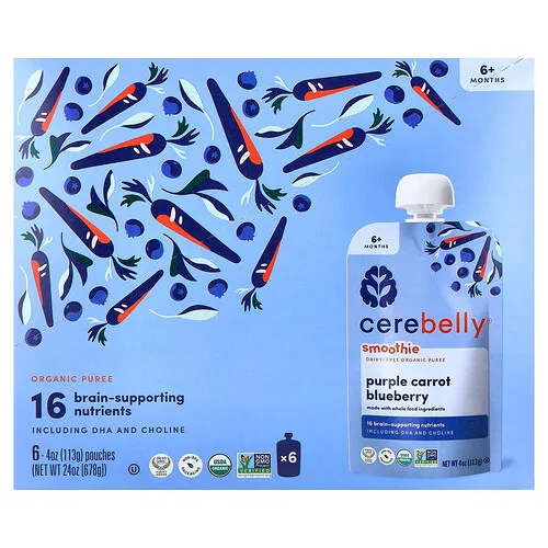 Cerebelly, Batido, Puré orgánico sin lácteos, 6 meses en adelante, Zanahoria morada, Arándano azul, 6 sobres, 113 g (4 oz) cada uno