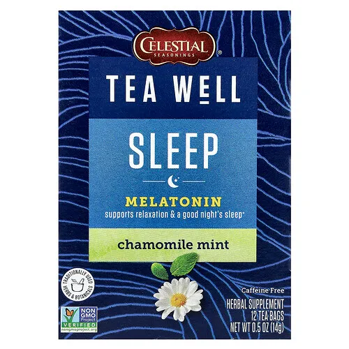 Celestial Seasonings, Tea Well, Suplemento para dormir, Manzanilla y menta, Sin cafeína, 12 bolsitas de té, 14 g (0,5 oz)