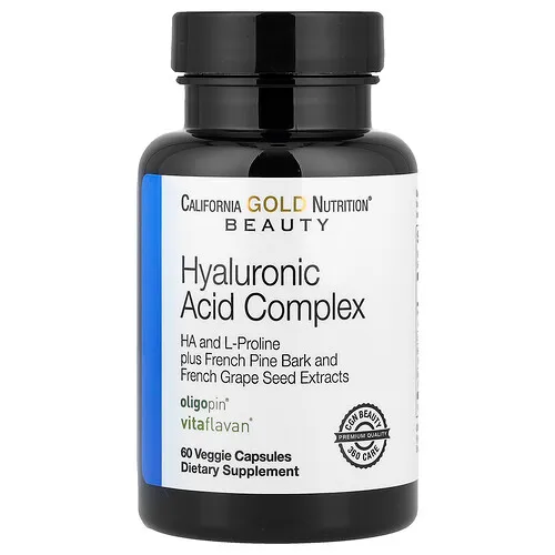 California Gold Nutrition, Complejo de ácido hialurónico con L-prolina, Extractos de semilla de uva francesa y corteza de pino marítimo francés, 60 cápsulas vegetales