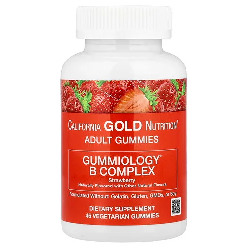 California Gold Nutrition, Gomitas con complejo de vitaminas B y vitaminas B6 y B12, folato y biotina, Fresa, 45 gomitas vegetales