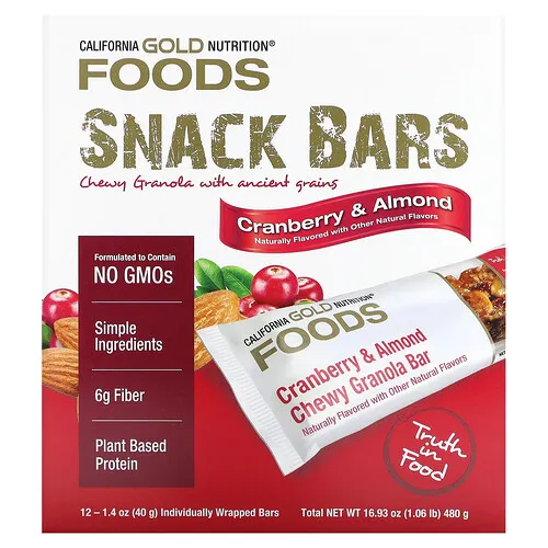 California Gold Nutrition, Foods, Barritas de granola crujientes con arándanos rojos y almendras, 12 barritas, 40 g (1,4 oz) cada una