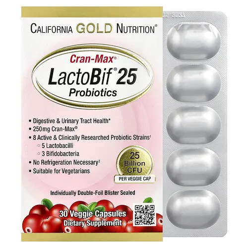 California Gold Nutrition, Probióticos LactoBif® CranMax®, 25.000 millones de UFC, 30 cápsulas vegetales