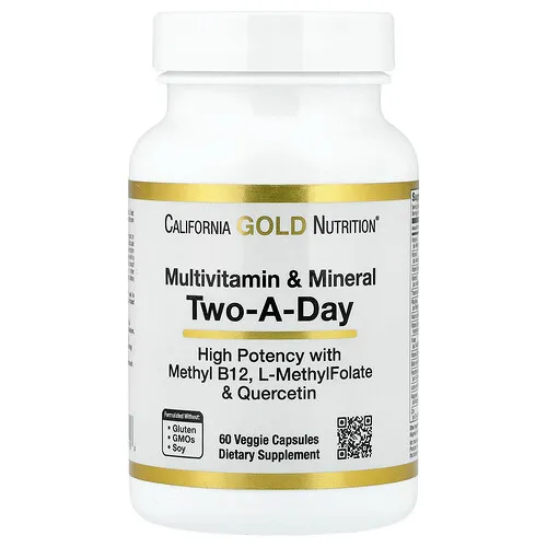California Gold Nutrition, Suplemento multivitamínico y mineral de dos ingestas diarias, 60 cápsulas vegetales