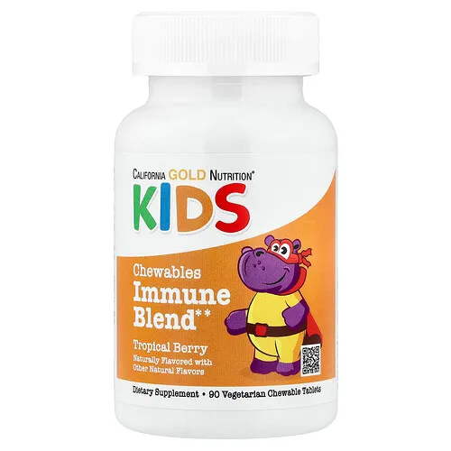 California Gold Nutrition, Mezcla para favorecer el sistema inmunitario con vitamina A, vitamina C, vitamina E y zinc en comprimidos masticables para niños, Sabor natural a bayas tropicales, 90 comprimidos vegetales