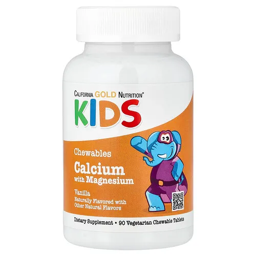 California Gold Nutrition, Calcio con magnesio masticable para niños, Vainilla, 90 comprimidos vegetales