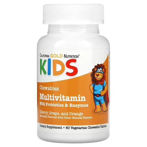 California Gold Nutrition, Suplemento multivitamínico con probióticos, enzimas, vitamina A y vitamina C en comprimidos masticables para niños, Frutas surtidas, 60 comprimidos vegetales