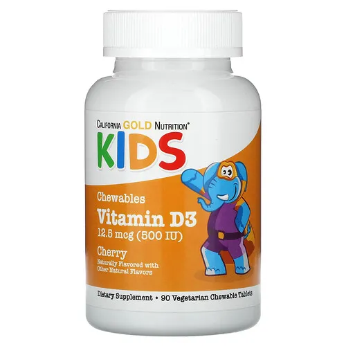 California Gold Nutrition, Vitamina D3 masticable para niños, Sabor natural a cereza, 12,5 mcg (500 UI), 90 comprimidos vegetales