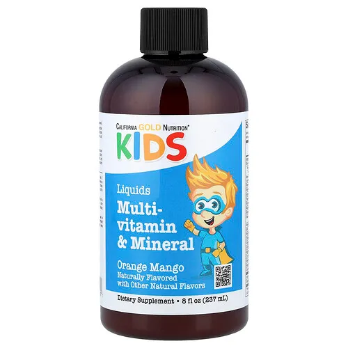 California Gold Nutrition, Multivitamínico y mineral líquido para niños, calcio, B12, C, D3, sin alcohol, naranja y mango, 237 ml