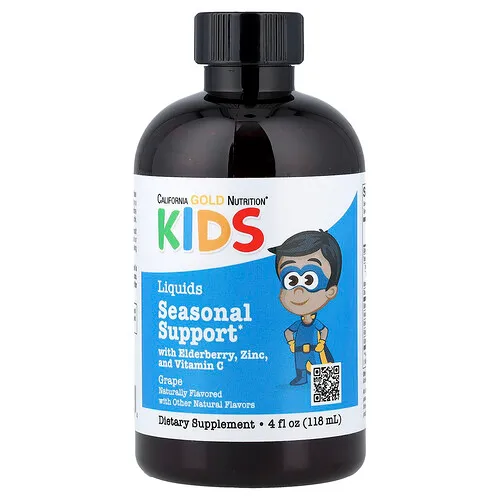 California Gold Nutrition, Refuerzo estacional líquido con saúco, zinc y vitamina C para niños, Sabor natural a uva, 118 ml (4 oz. líq.)