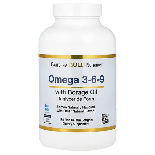 California Gold Nutrition, Omega -3, -6 y -9, Con aceite de pescado con omega-3 y aceite de semilla de borraja, EPA, DHA, GLA y ácido linoleico, Sabor natural a limón, 180 cápsulas blandas de gelatina de pescado