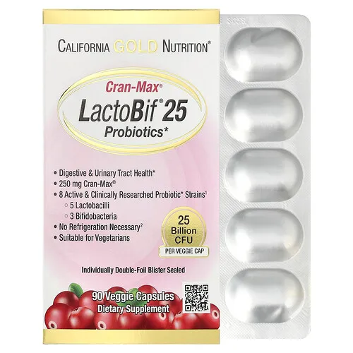 California Gold Nutrition, Suplemento probiótico LactoBif® Cran-Max®, 25.000 millones de UFC, 90 cápsulas vegetales