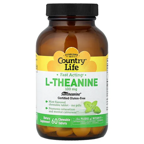 Country Life, L-teanina, Menta, 100 mg, 60 comprimidos masticables