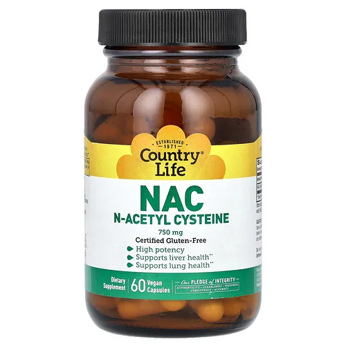 Country Life, NAC, N-acetilcisteína, 750 mg, 60 cápsulas veganas