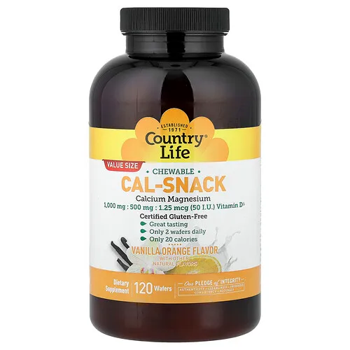 Country Life, Cal-Snack, Calcio y magnesio masticables, Vainilla y naranja, 120 obleas
