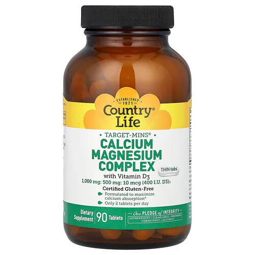 Country Life, Target-Mins, Complejo de calcio y magnesio con vitamina D3, 90 comprimidos