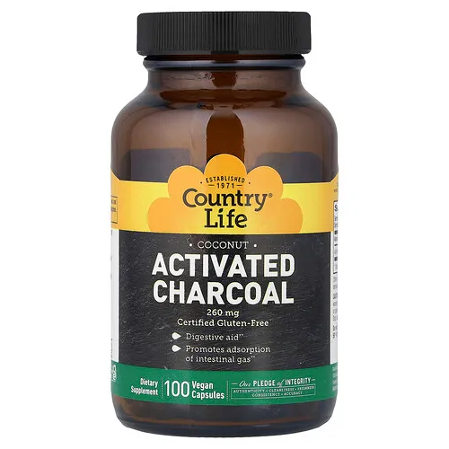 Country Life, Carbón vegetal activado, 100 cápsulas veganas (260 mg por cápsula)