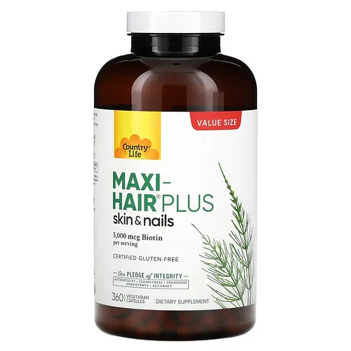 Country Life, Maxi-Hair Plus, Suplemento para favorecer la salud del cabello, la piel y las uñas, 360 cápsulas vegetales