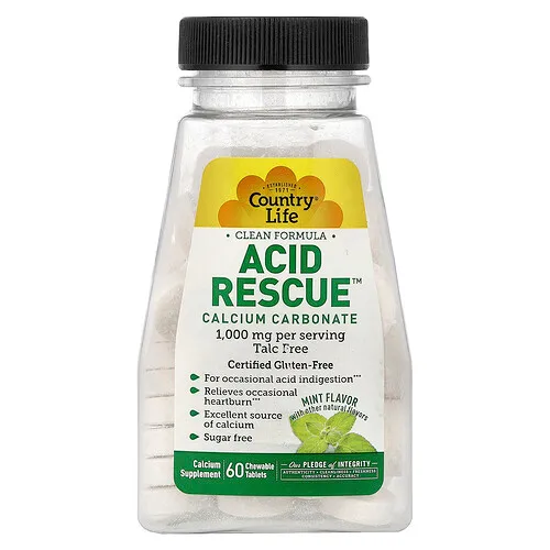 Country Life, Acid Rescue™, Carbonato de calcio, Menta, 60 comprimidos masticables
