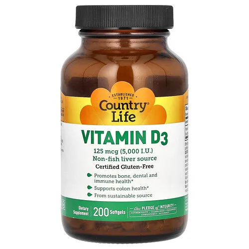 Country Life, Vitamina D3, 125 mcg (5000 UI), 200 cápsulas blandas
