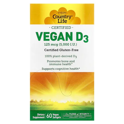 Country Life, Vitamina D3 certificada, 125 mcg (5000 UI), 60 cápsulas blandas veganas