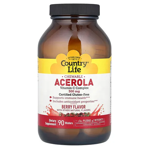 Country Life, Acerola masticable, Complejo de vitamina C, Baya, 500 mg, 90 obleas