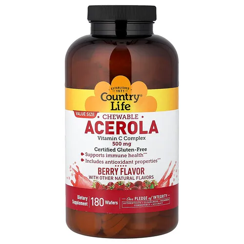 Country Life, Acerola masticable, Complejo de vitamina C, Baya, 180 obleas