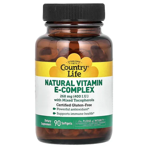 Country Life, Complejo de vitamina E natural con tocoferoles mixtos, 268 mg (400 UI), 90 cápsulas blandas