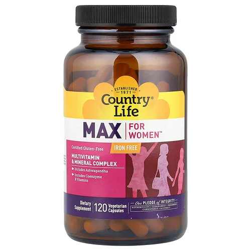 Country Life, Max for Women™, Complejo multivitamínico y mineral, Sin hierro, 120 cápsulas vegetales