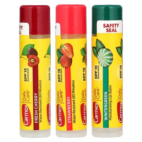 Carmex, Daily Care®, Bálsamos labiales humectantes, FPS 15, Variedad, 3 bálsamos, 4,25 g (0,15 oz) cada uno