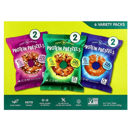 Crisp Power, Pretzels proteicos, Paquete surtido, 6 bolsas, 50 g (1,75 oz) cada una