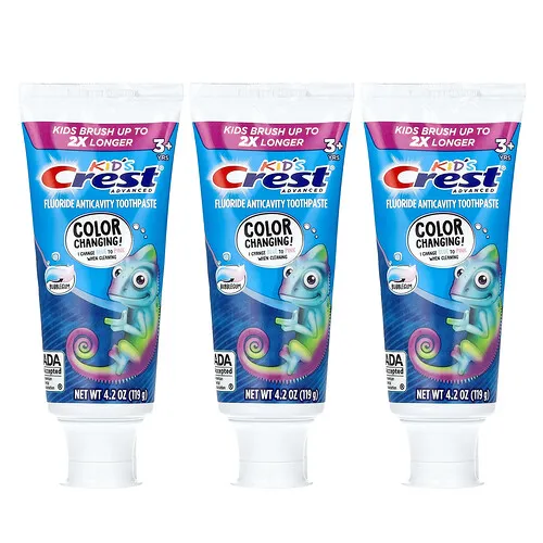 Crest, Kids Advanced, Pasta dental anticaries con fluoruro, Niños de 3 años en adelante, Chicle, 3 tubos, 119 g (4,2 oz) cada uno