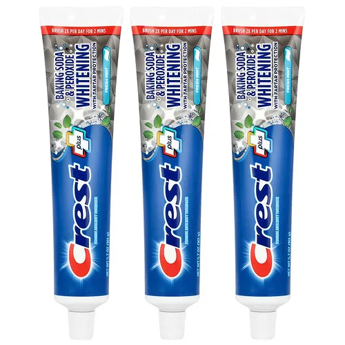 Crest, Plus, Pasta dental anticaries con fluoruro, Blanqueador con bicarbonato de sodio y peróxido, Menta fresca, Paquete de 3, 161 g (5,7 oz) cada uno