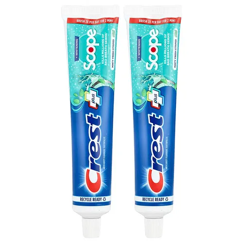 Crest, Plus Scope, Pasta dental anticaries con fluoruro, Menta fresca a rayas, Paquete de 2 piezas, 153 g (5,4 oz) cada una