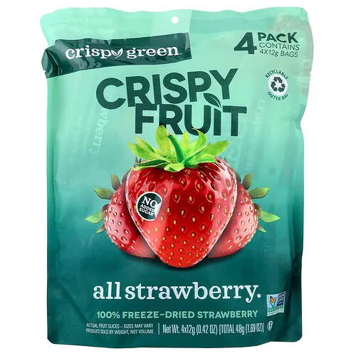 Crispy Green, Fruta crujiente, Todo fresa, Paquete de 4, 12 g (0,42 oz) cada uno