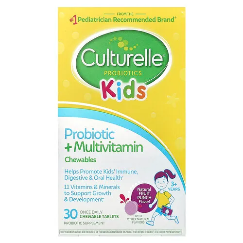 Culturelle, Niños, Comprimidos masticables con probióticos y multivitaminas, A partir de 3 años, Ponche de frutas natural, 30 comprimidos masticables