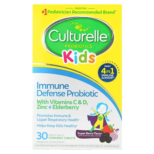Culturelle, Niños, Probióticos, Defensa inmunitaria, Superbayas, 30 comprimidos masticables de una ingesta diaria