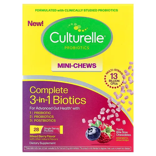 Culturelle, Complete 3-in-1 Biotics, Mini comprimidos masticables 3 en 1, Bayas mixtas, 28 sobres individuales, 1,5 g (0,05 oz) cada uno