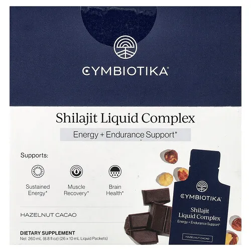 Cymbiotika, Complejo líquido de shilajit, Avellana y cacao, 26 sobres líquidos, 10 ml (0,3 oz. líq.) cada uno