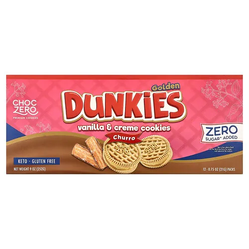 ChocZero, Galletas prémiums, Golden Dunkies, Galletas de vainilla y crema, Churro, 12 paquetes, 21 g (0,75 oz) cada uno