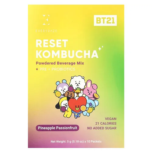 Everydaze, Reset Kombucha, Mezcla para preparar bebidas en polvo, Piña y maracuyá, 10 sobres, 5 g (0,18 oz) cada uno