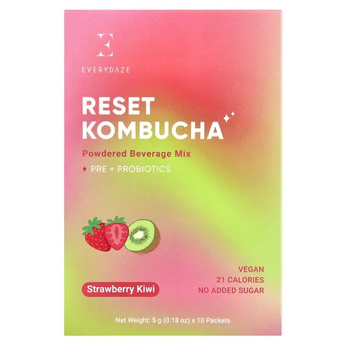 Everydaze, Reset Kombucha, Mezcla para preparar bebidas en polvo, Fresa y kiwi, 10 sobres, 5 g (0,18 oz) cada uno