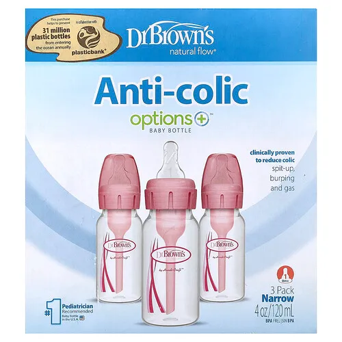 Dr. Brown's, Natural Flow®, Biberones anticólicos con opciones+™, 0 meses en adelante, Paquete de 3, 120 ml (4 oz) cada uno