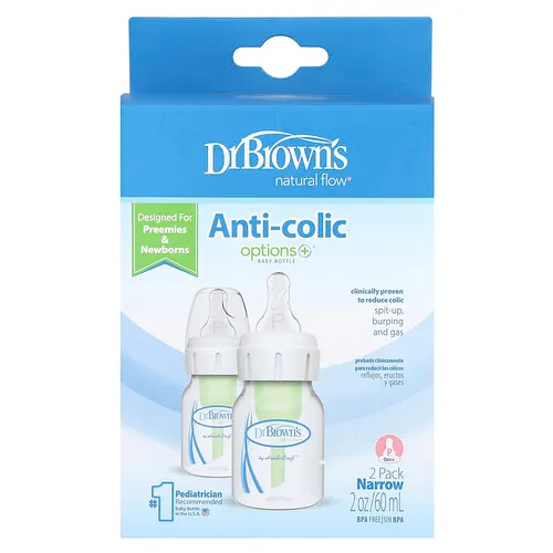Dr. Brown's, Natural Flow®, Biberones anticólicos Option+™, Biberones anticólicos Option+™, 0 meses y más, Paquete de 2, 60 ml (2 oz) cada uno