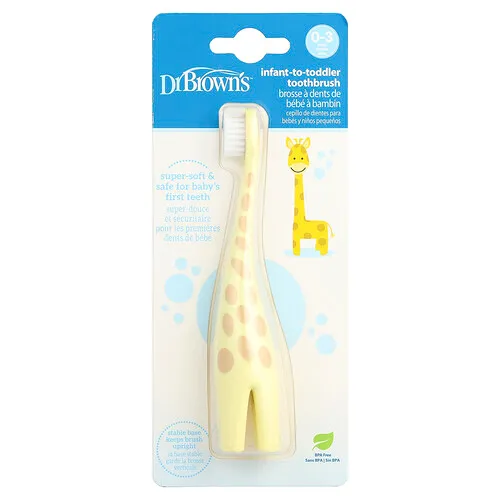 Dr. Brown's, Cepillo de dientes para bebés y niños pequeños, De 0 a 3 años, Amarillo, Jirafa, 1 cepillo de dientes