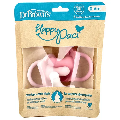 Dr. Brown's, Chupete HappyPaci™, De 0 a 6 meses, Rosa, rosa claro y blanco, 3 unidades