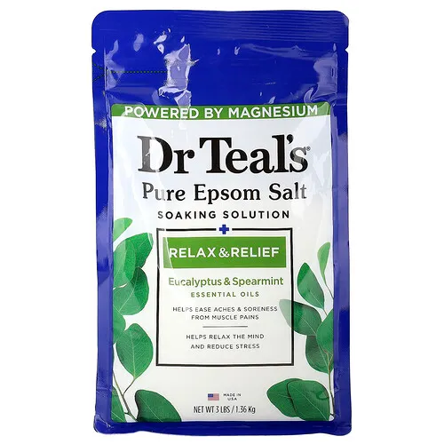 Dr. Teal's, Solución de remojo con sal pura de Epsom, Eucalipto y hierbabuena, 1,36 kg (3 lb)