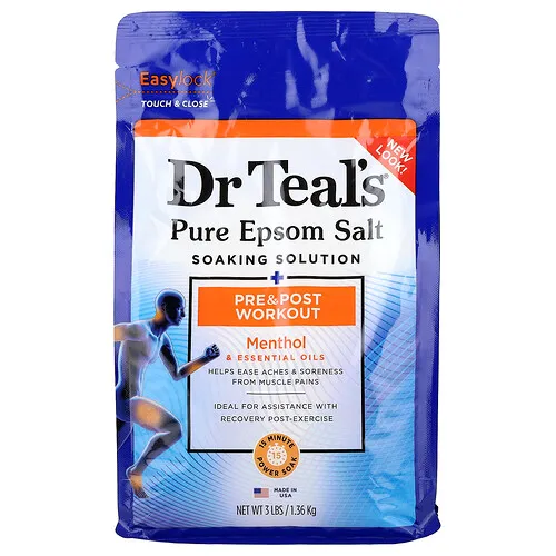 Dr. Teal's, Solución de remojo con sal pura de Epsom, Antes y después del entrenamiento, Mentol y aceites esenciales, 1,36 kg (3 lb)
