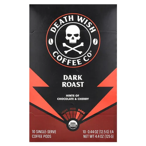 Death Wish Coffee, Cápsulas de café en cápsulas individuales, Tostado oscuro, 10 cápsulas, 12,5 g (0,44 oz) cada una
